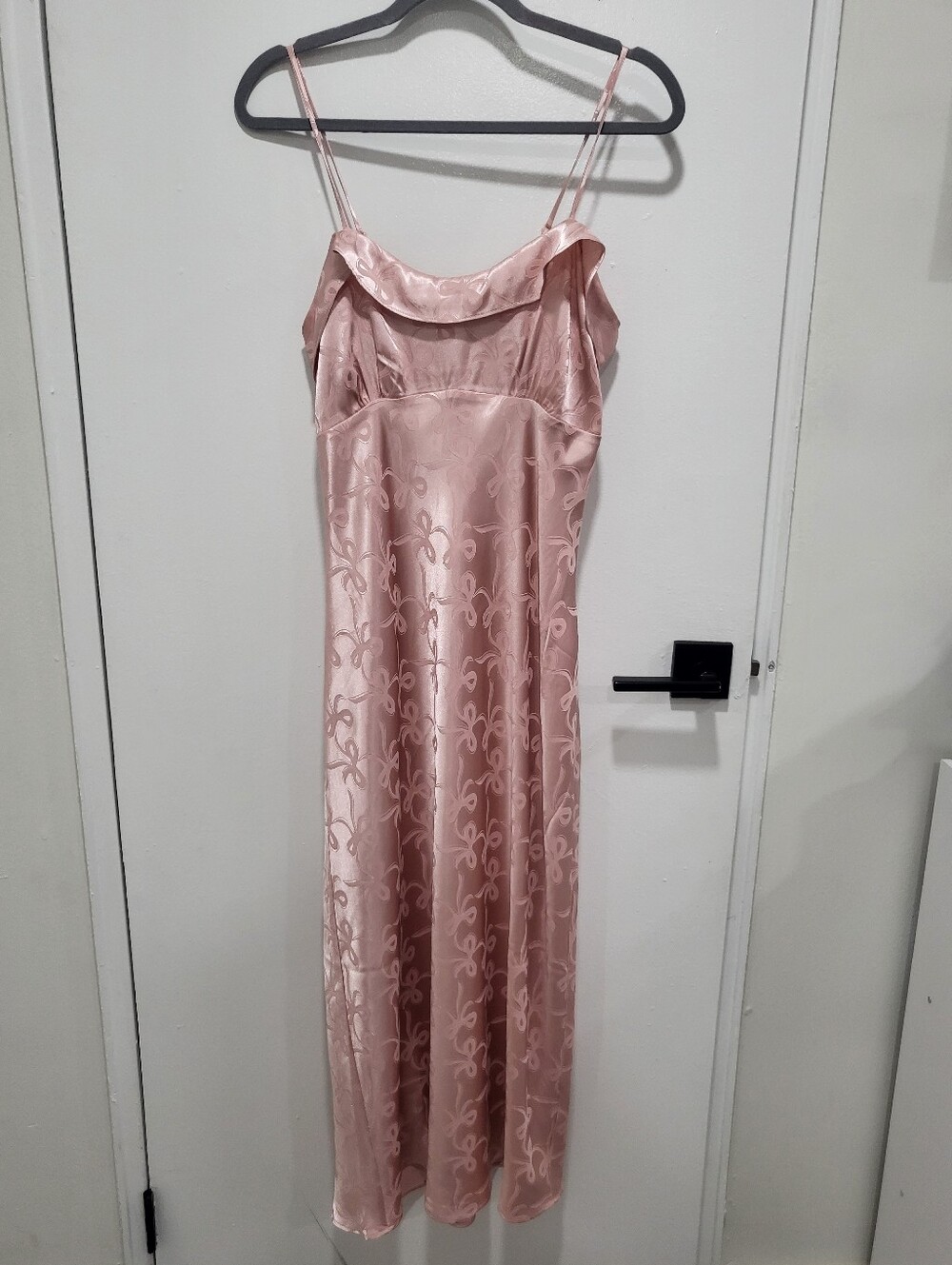 Pink Satin Coquette Ribbon Ruffle Maxi Dress - Size Large